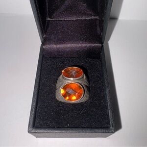 925 Sterling Silver Women's Fire Opal or Orange Topaz Double Stones Ring Size 7